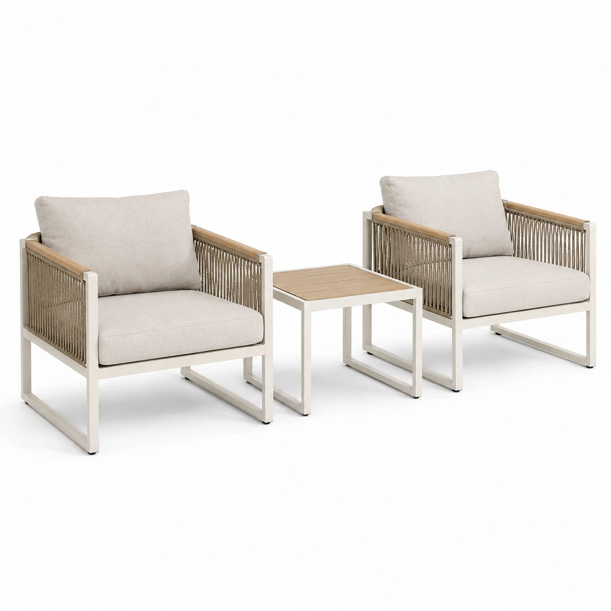 3-teiliges Garten-Loungeset aus Aluminium und Seilgeflecht, Beige/Weiß/Braun, Sessel 70 × 75 × 75 cm, Tisch 50 × 50 × 45 cm