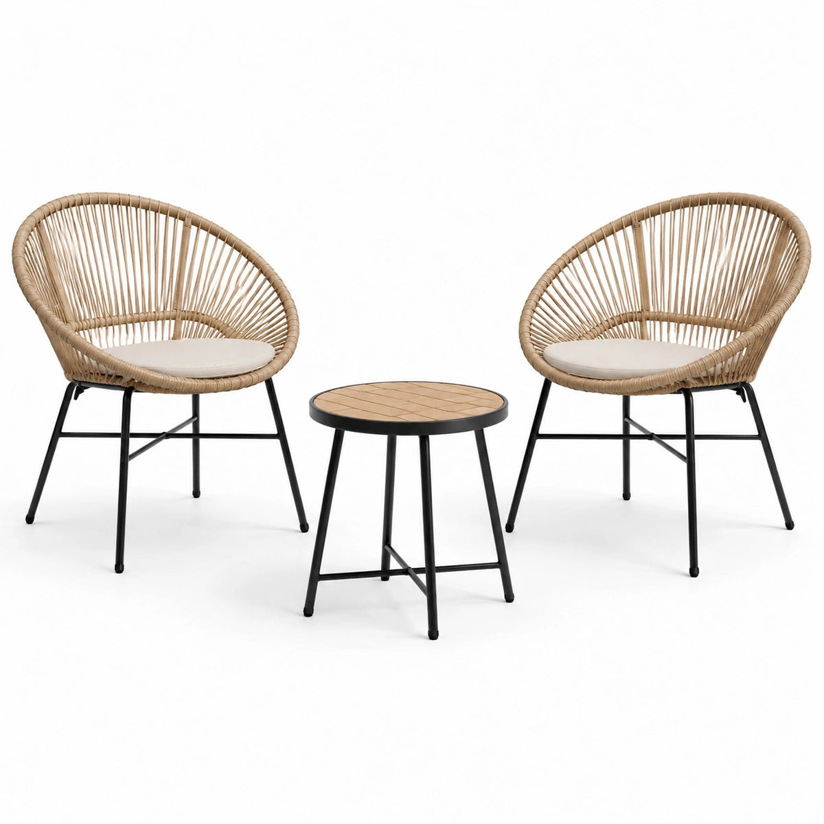 3-teiliges Balkonmöbel-Set mit 2 Sesseln 71×68×78 cm und Beistelltisch Ø45×48 cm, Natur/Schwarz/Beige