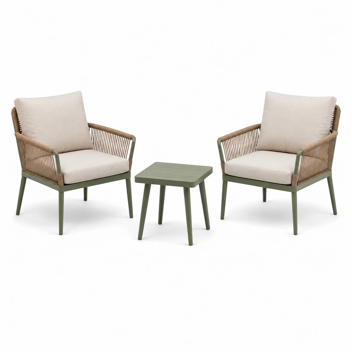 3-teiliges Garten-Set in Beige/Grün mit 2 Armlehnstühlen 78 × 70 × 78 cm und Beistelltisch 50 × 50 × 45 cm
