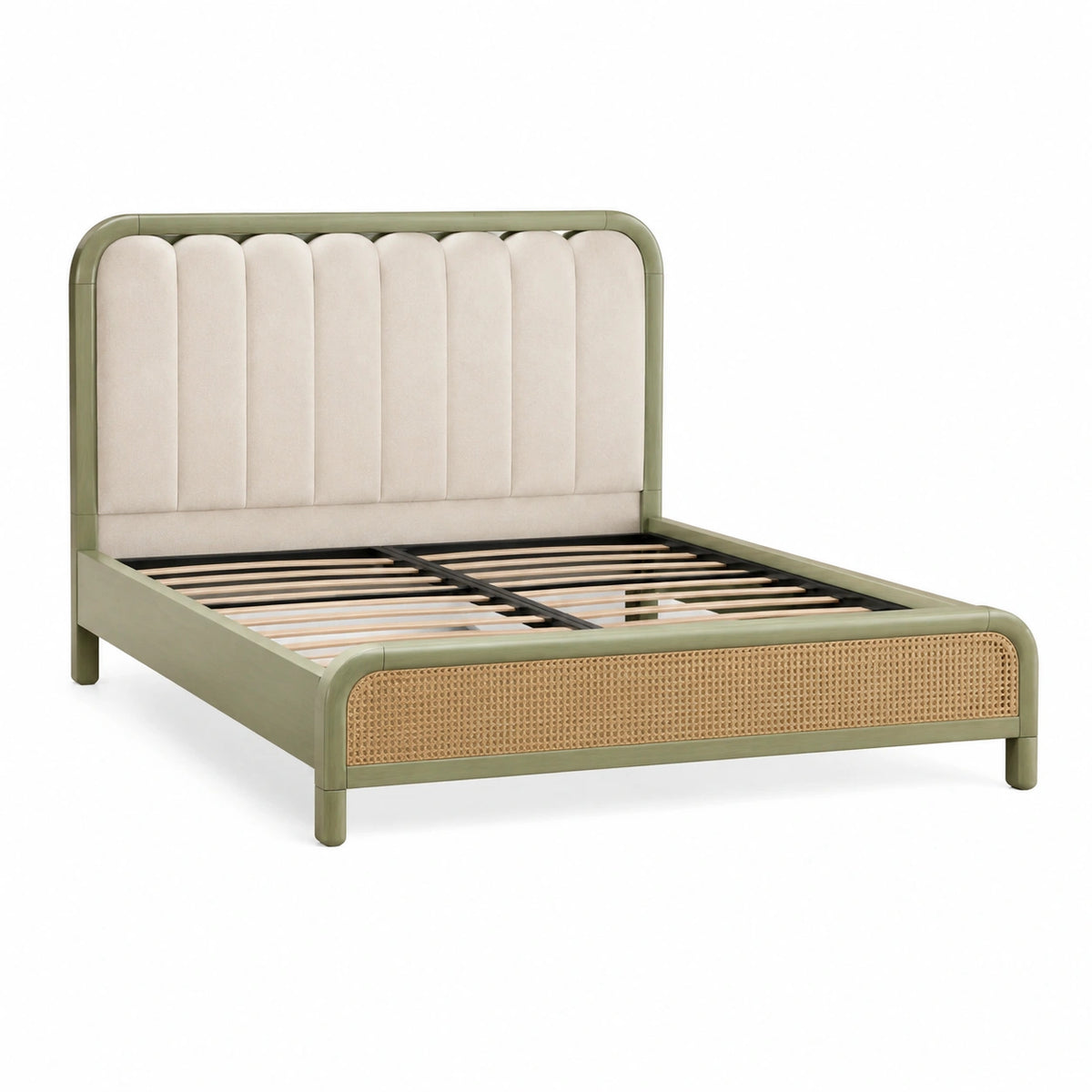 Bettgestell 170 × 210 × 110 cm für Matratzen 160 × 200 cm, Grün/Beige/Natur, mit Rattan und gepolstertem Kopfteil