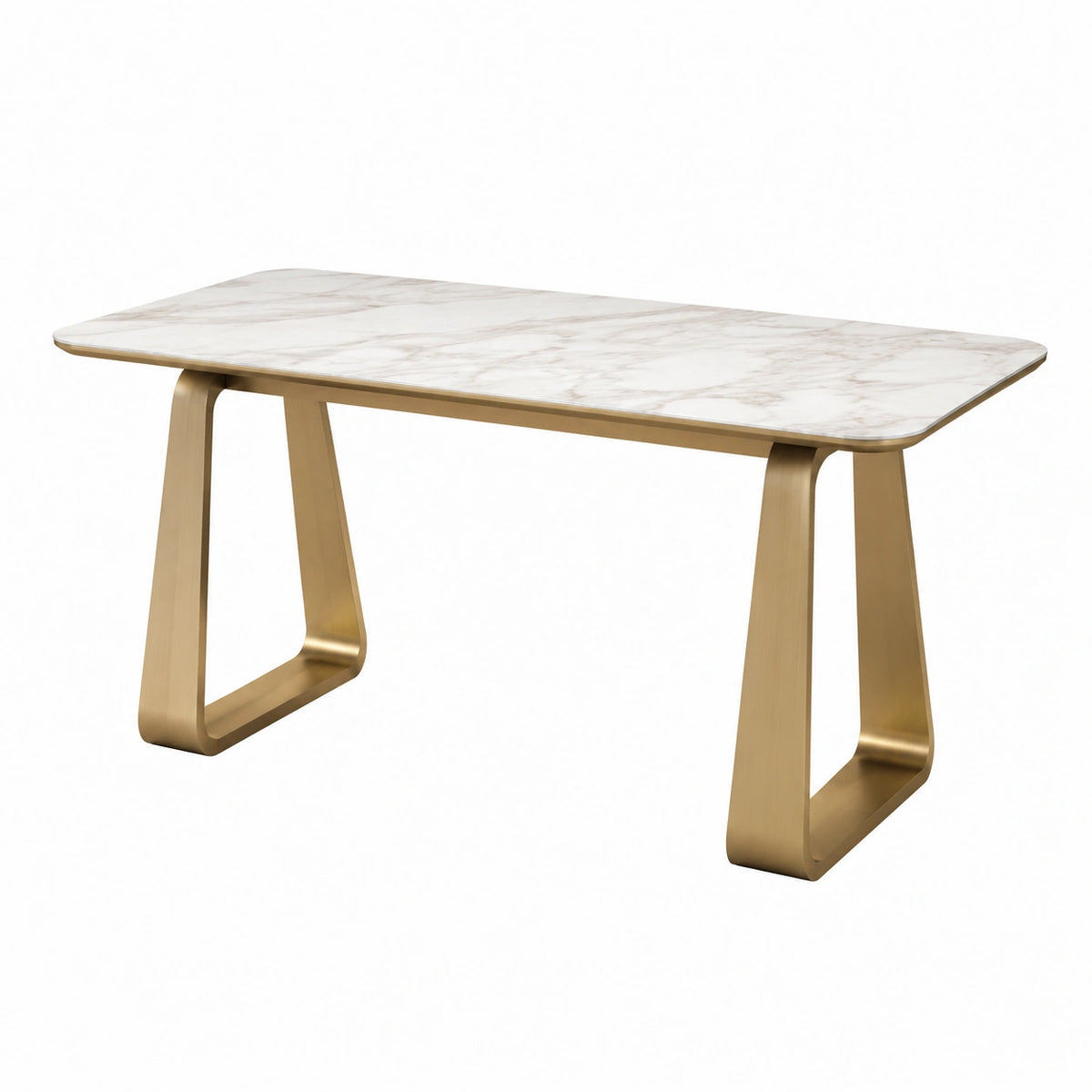 Moderner Esstisch 140 × 80 × 75 cm mit Keramikplatte in weißer Marmoroptik und goldfarbenem Metallgestell