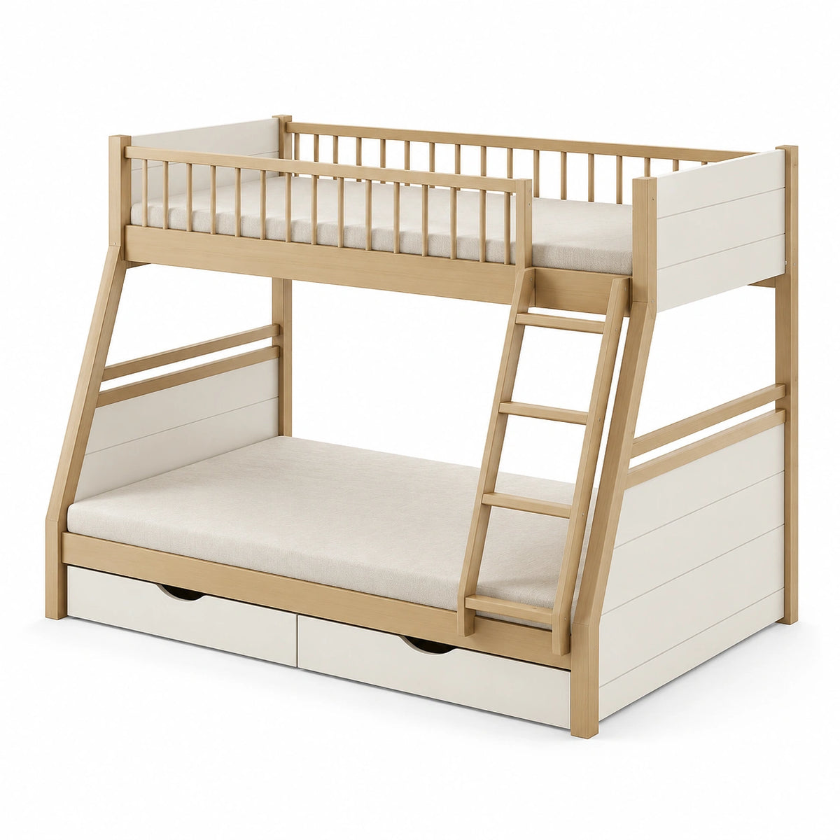Holz-Etagenbett 208 × 148 × 180 cm in Natur/Weiß mit Leiter und 2 Schubladen