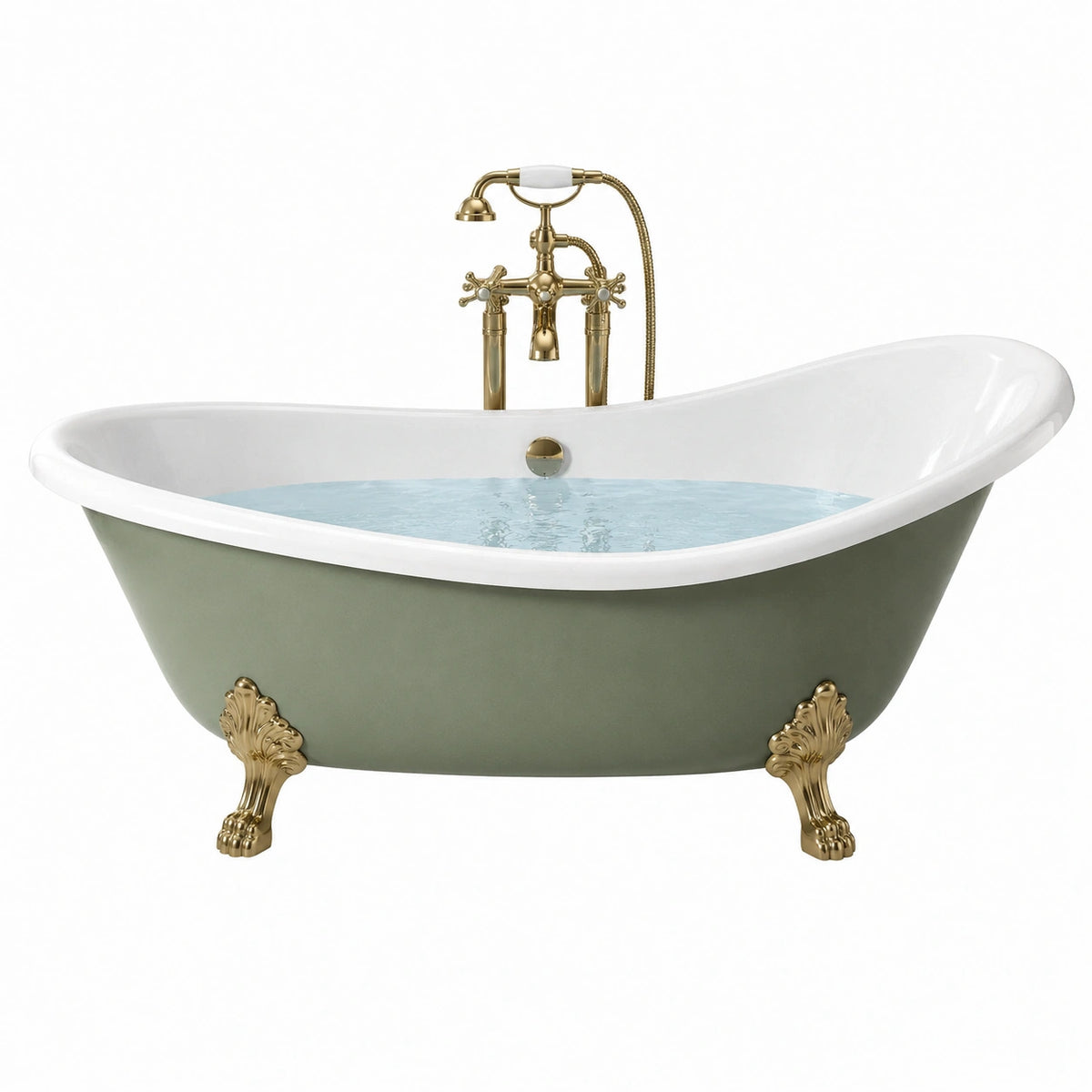 Freistehende Acrylbadewanne 170 x 75 x 70 cm in Grün/Weiß mit goldfarbenen Löwenfüßen