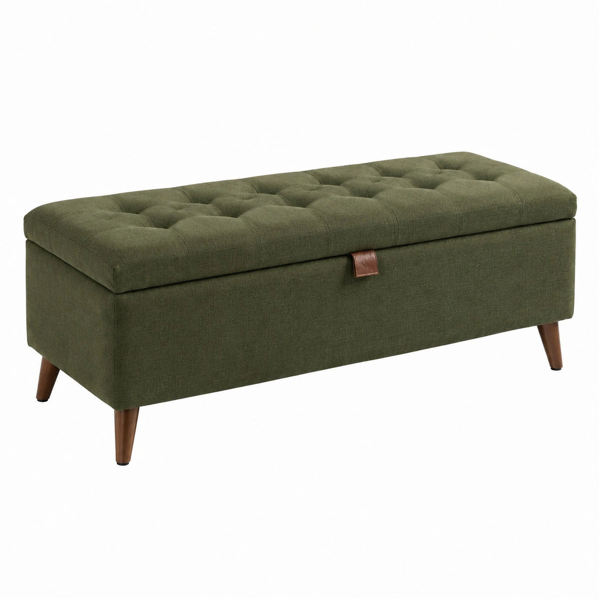 Gepolsterte Sitzbank mit Stauraum, olivgrüner Stoffbezug, braune Holzfüße, 120 × 45 × 45 cm