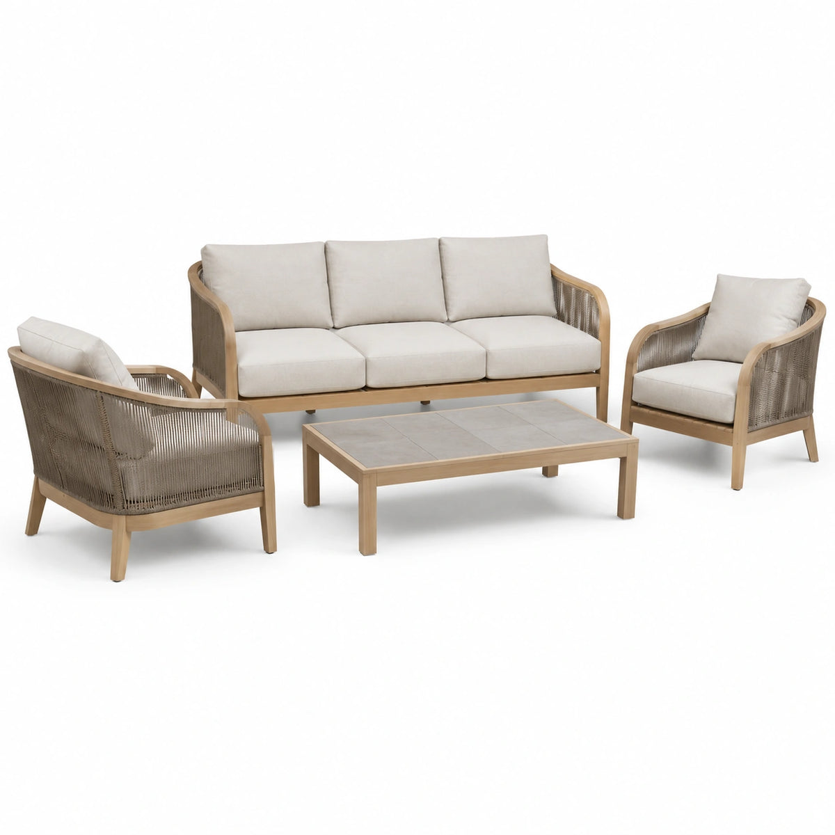4-teiliges Lounge-Set mit 3-Sitzer-Sofa 208 × 78 × 78 cm, 2 Sesseln 78 × 78 × 78 cm und Tisch 120 × 70 × 45 cm, Beige/Natur/Grau