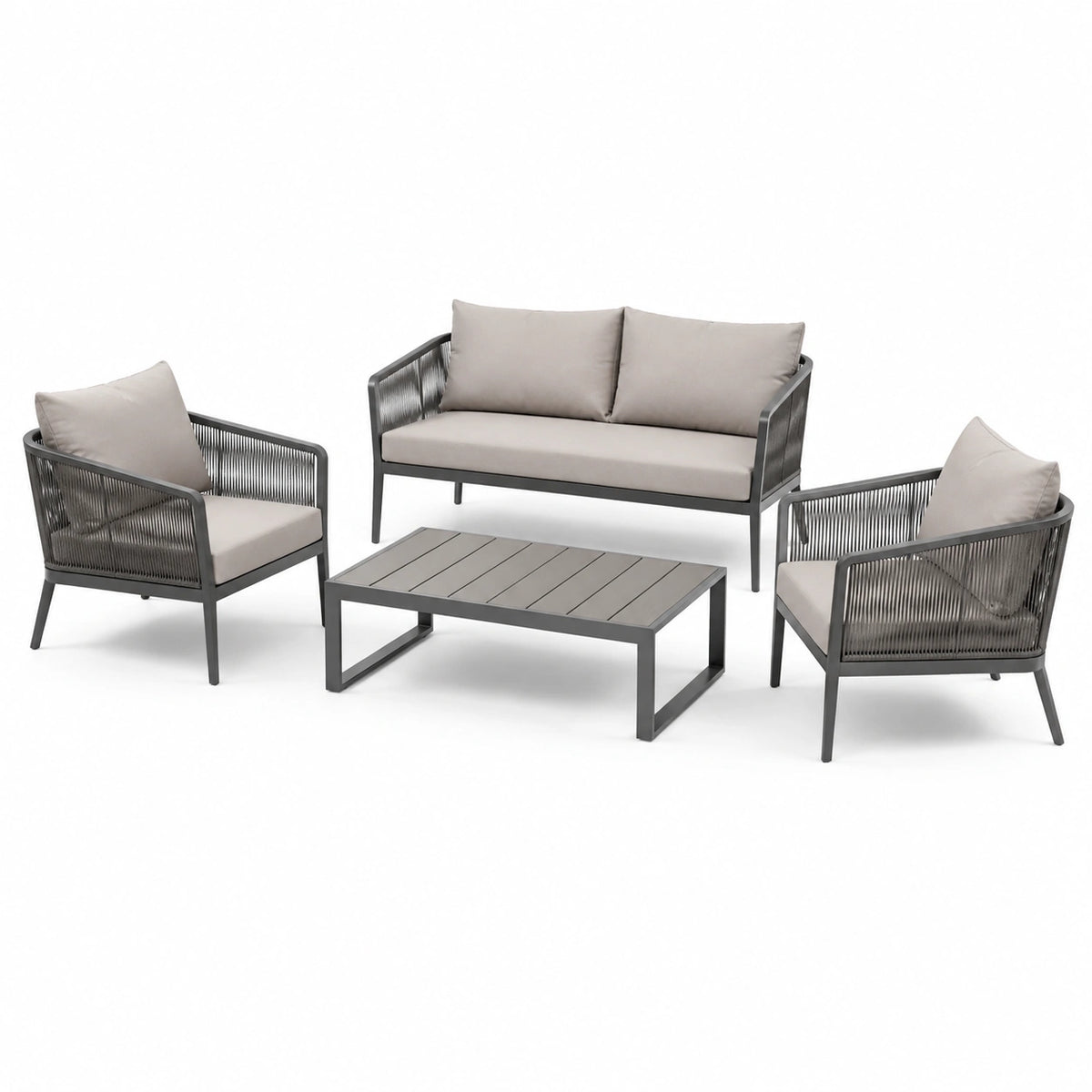 4-teiliges Aluminium-Set mit Seilgeflecht in Dunkelgrau und Beige, Zweisitzer 120×65×75 cm, Sessel 70×65×75 cm, Tisch 100×60×42 cm