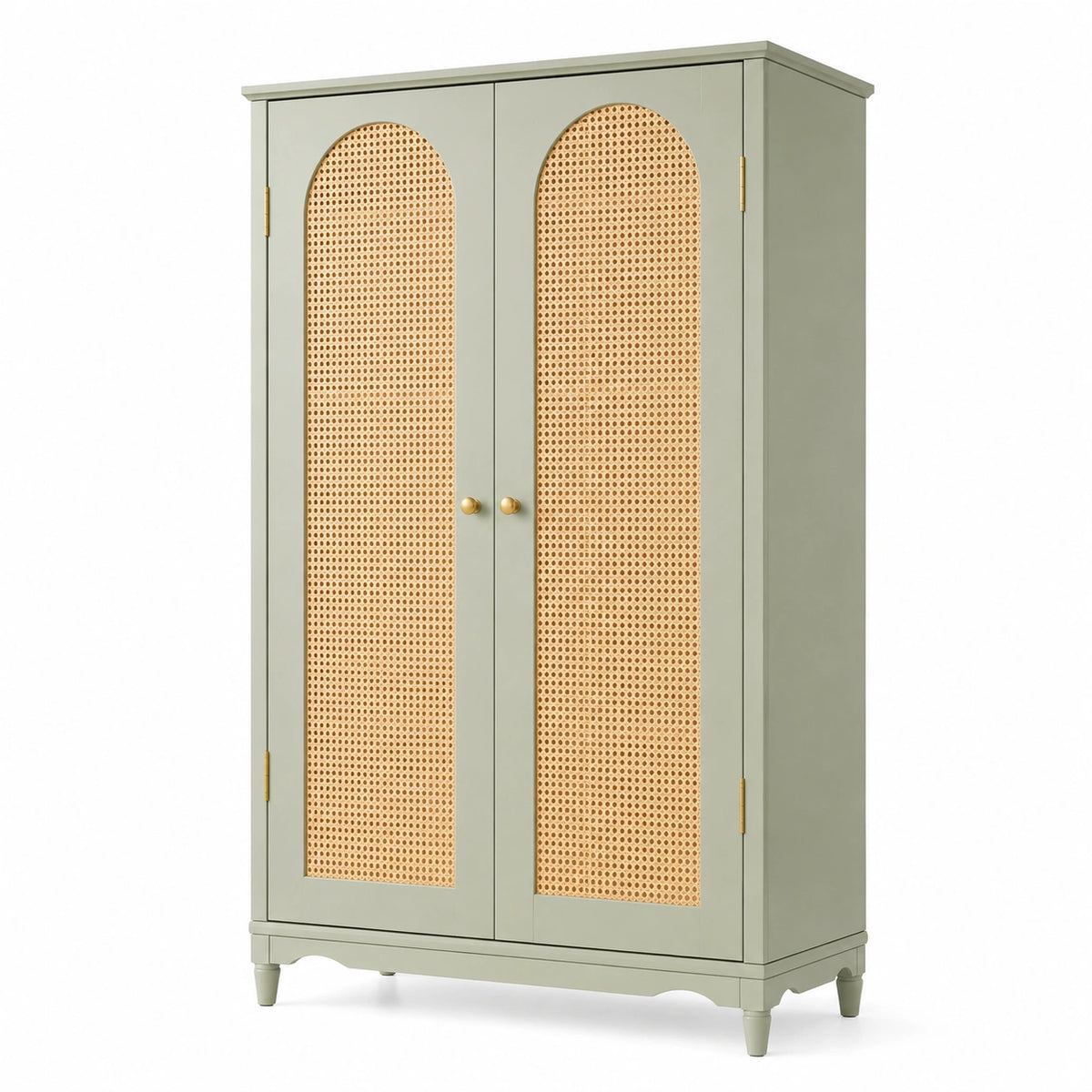 Kleiderschrank 100 × 55 × 190 cm Salbeigrün mit Rattangeflecht und goldfarbenen Griffen