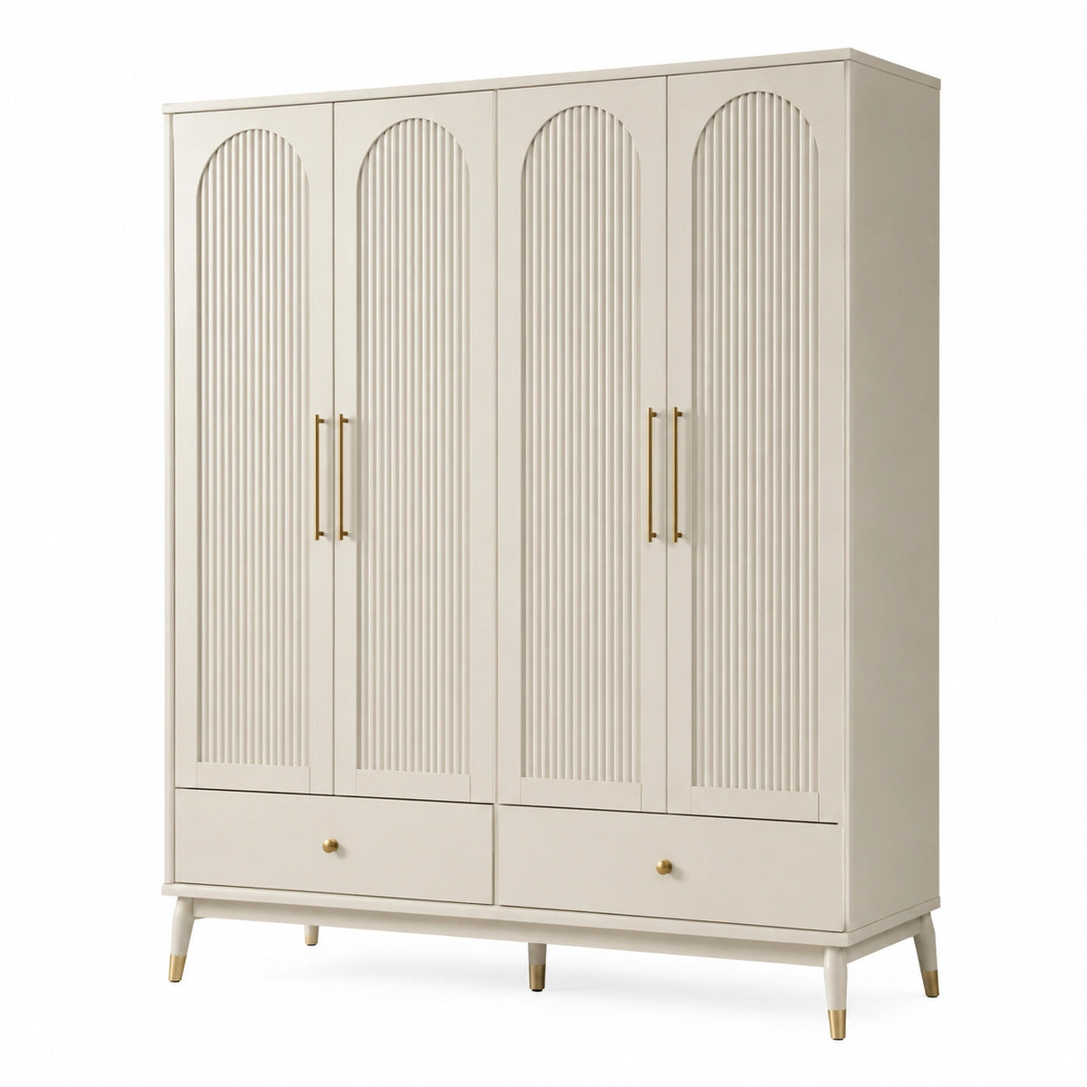 Kleiderschrank Beige mit goldfarbenen Griffen, 4 Türen, 2 Schubladen, 160 x 55 x 200 cm