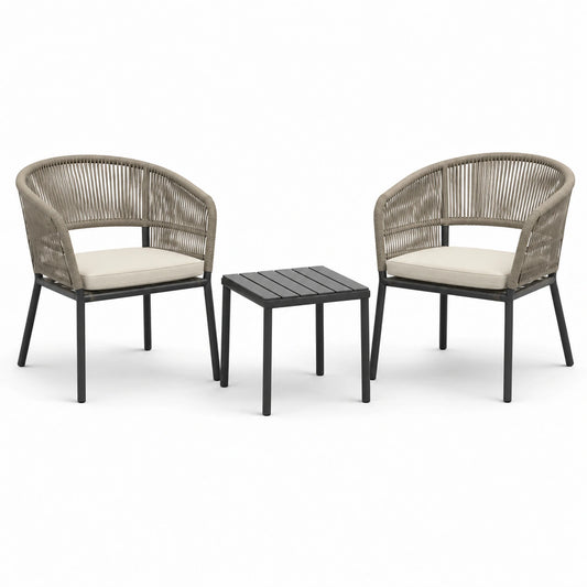 3-teiliges Gartenmöbel-Set mit 2 Sesseln und Tisch, Beige/Schwarz/Creme, Sessel 68 × 65 × 78 cm, Tisch 60 × 60 × 45 cm