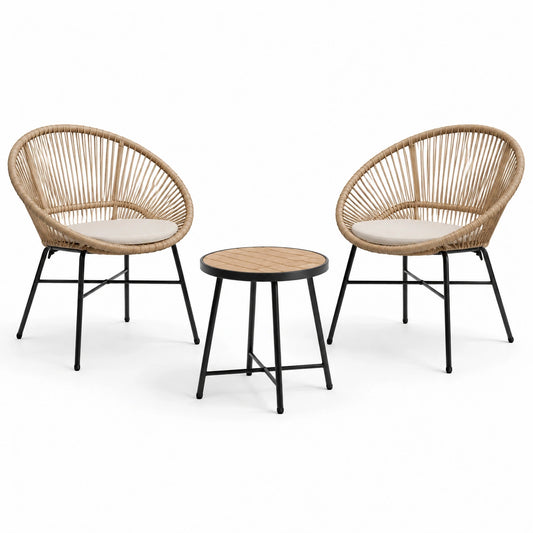 3-teiliges Balkonmöbel-Set mit 2 Sesseln 71×68×78 cm und Beistelltisch Ø45×48 cm, Natur/Schwarz/Beige