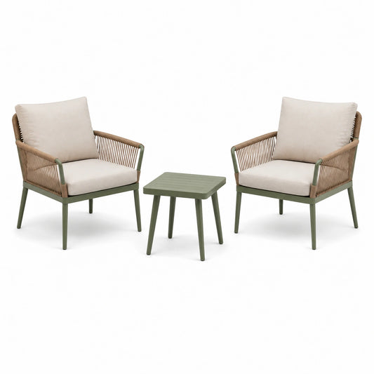 3-teiliges Garten-Set in Beige/Grün mit 2 Armlehnstühlen 78 × 70 × 78 cm und Beistelltisch 50 × 50 × 45 cm