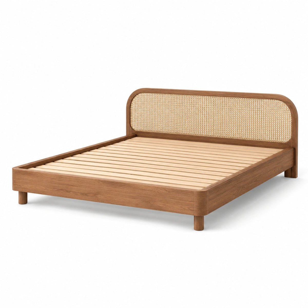 Bettgestell aus Holz in Nussbraun/Natur, 170 × 210 × 100 cm, für Matratzen 160 × 200 cm, mit Rattan-Kopfteil und Lattenrost
