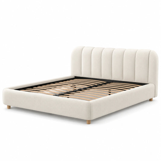 Polsterbett in Creme, 215 × 195 × 115 cm, für Matratze 180 × 200 cm, mit Lattenrost und geripptem Kopfteil