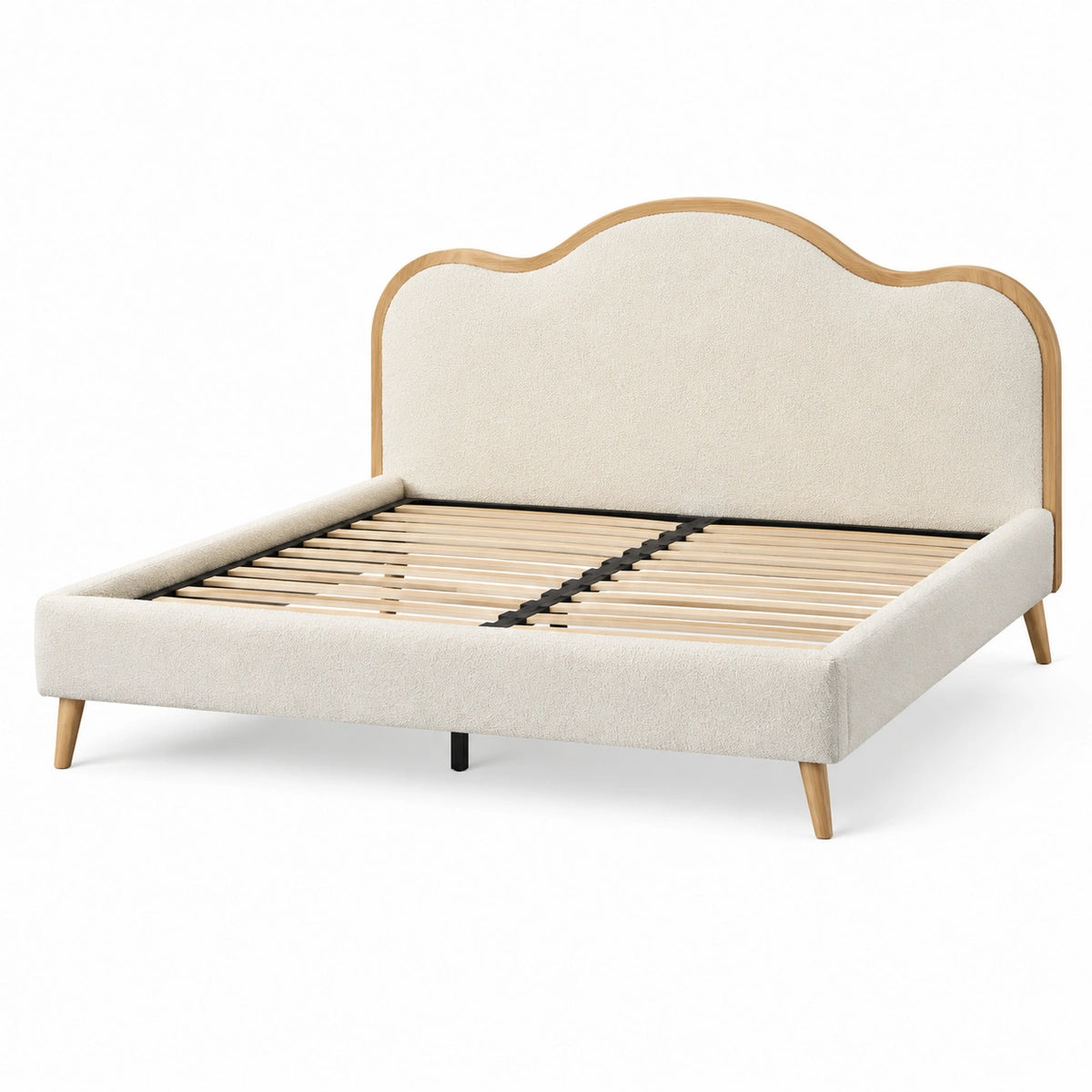 Polsterbett 180 x 200 cm Creme mit Bouclé-Bezug, Naturholzrahmen und Lattenrost, 212 x 192 x 120 cm