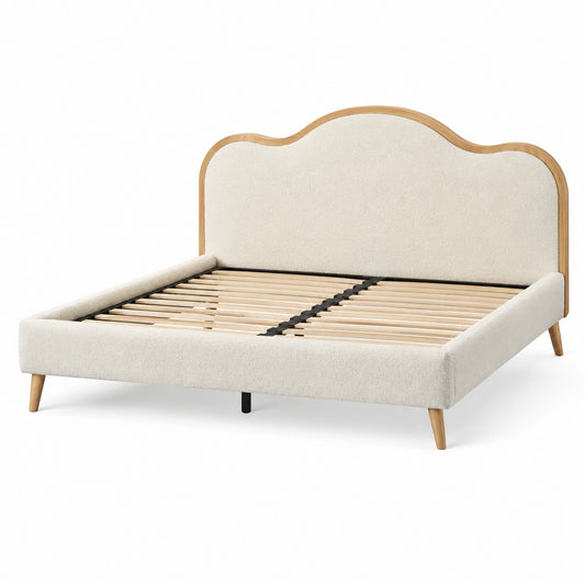 Polsterbett 180 x 200 cm Creme mit Bouclé-Bezug, Naturholzrahmen und Lattenrost, 212 x 192 x 120 cm