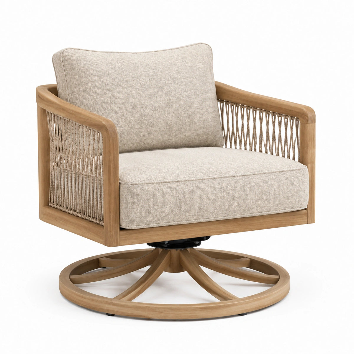 Drehsessel 82 × 78 × 88 cm in Beige und Naturholz mit Seilgeflecht