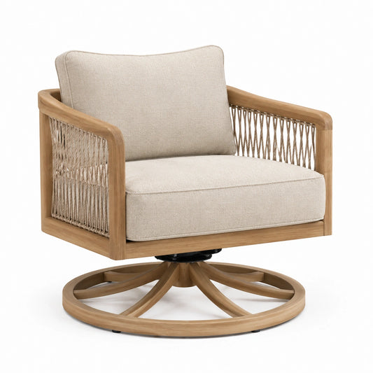 Drehsessel 82 × 78 × 88 cm in Beige und Naturholz mit Seilgeflecht