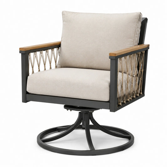 Drehbarer Gartensessel 70 × 75 × 90 cm mit Metallgestell, Holzarmlehnen und Seilbespannung in Beige/Schwarz/Naturholz
