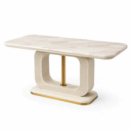 Rechteckiger Esstisch 180 × 90 × 76 cm in Cremeweiß mit Marmoroptik und goldfarbenen Akzenten
