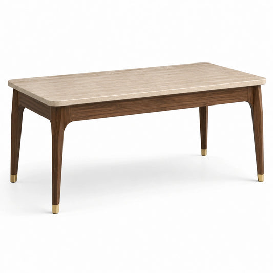 Moderner Esstisch 140 × 80 × 75 cm in Hellbeige, Dunkelbraun und Gold mit Steinoptikplatte
