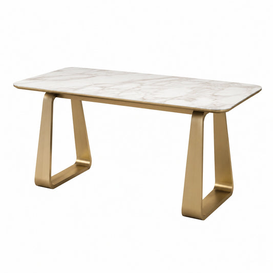 Moderner Esstisch 140 × 80 × 75 cm mit Keramikplatte in weißer Marmoroptik und goldfarbenem Metallgestell