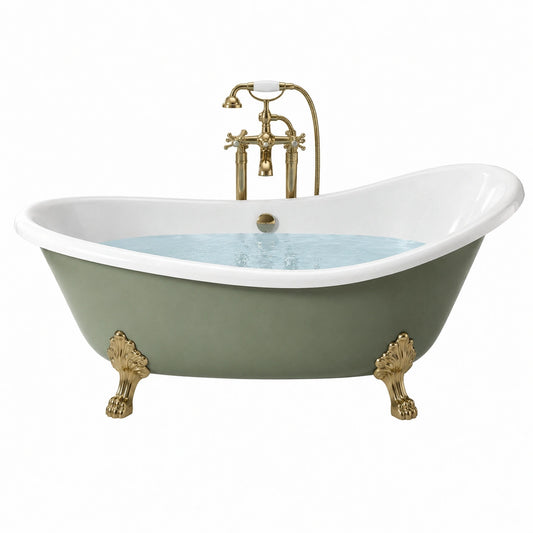 Freistehende Acrylbadewanne 170 x 75 x 70 cm in Grün/Weiß mit goldfarbenen Löwenfüßen