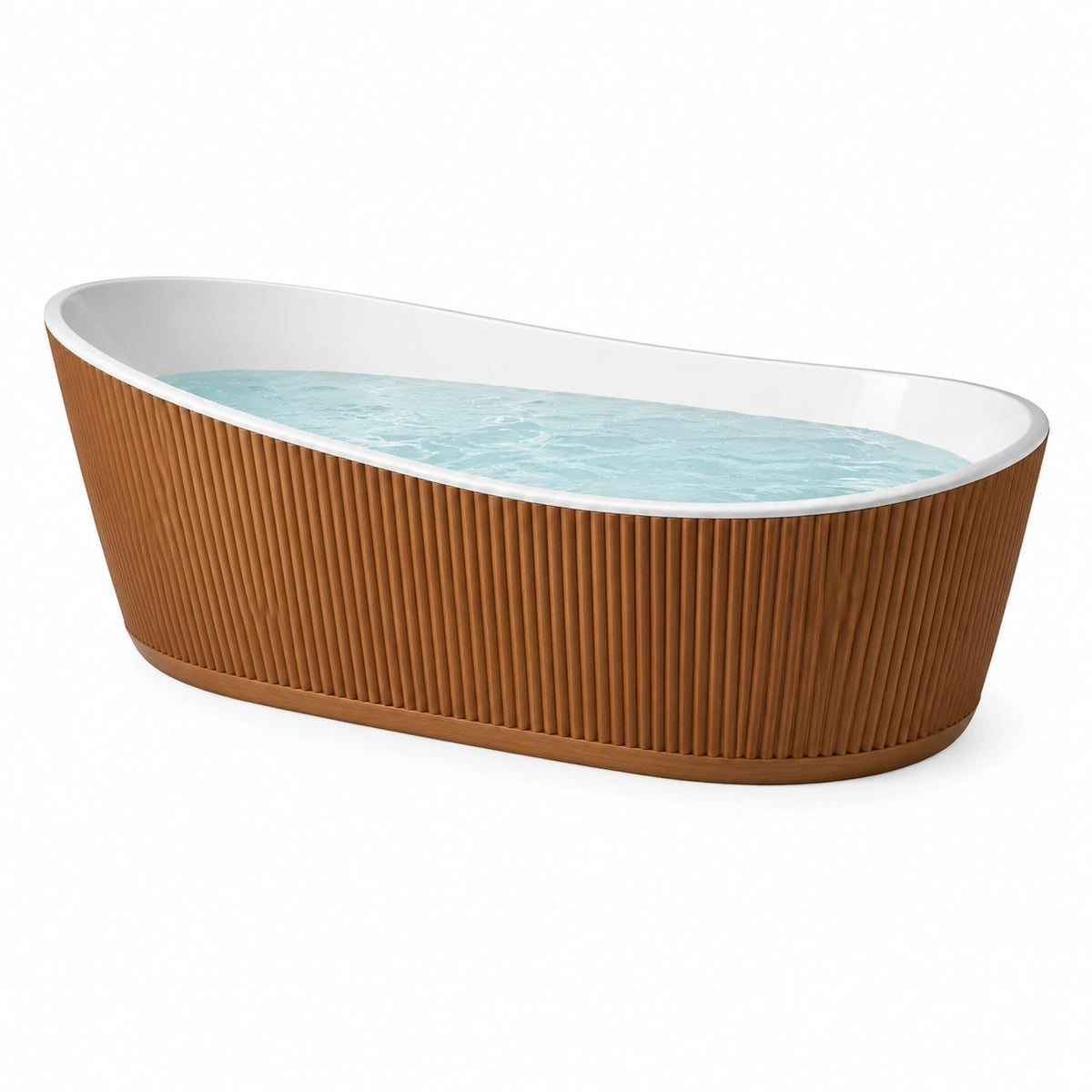 Freistehende ovale Badewanne 170 x 75 x 58 cm Weiß/Braun mit Lamellenverkleidung