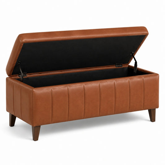 Gepolsterte Sitzbank mit aufklappbarem Stauraum, Kunstleder Cognacbraun, 120 × 45 × 50 cm