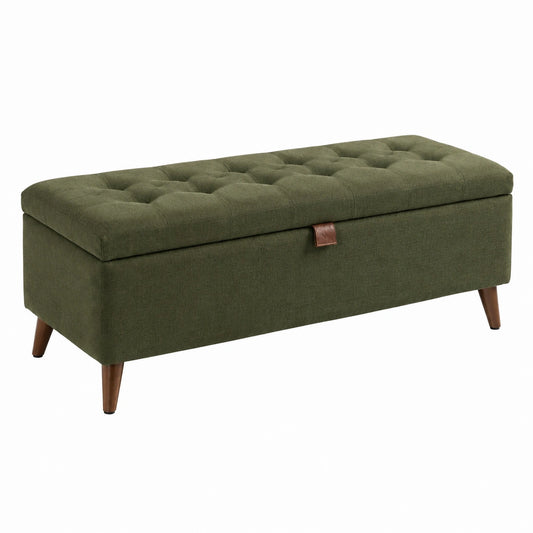 Gepolsterte Sitzbank mit Stauraum, olivgrüner Stoffbezug, braune Holzfüße, 120 × 45 × 45 cm
