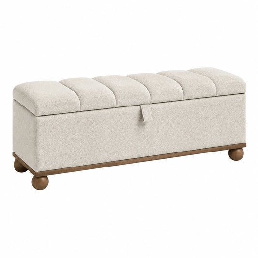 Gepolsterte Sitzbank mit Stauraum aus Bouclé in Creme/Braun, 120 × 45 × 50 cm