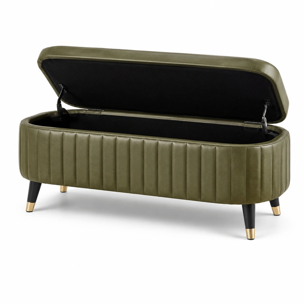 Gepolsterte Sitzbank mit Stauraum und Klappdeckel, 120 × 45 × 50 cm, Olivgrün/Schwarz/Gold