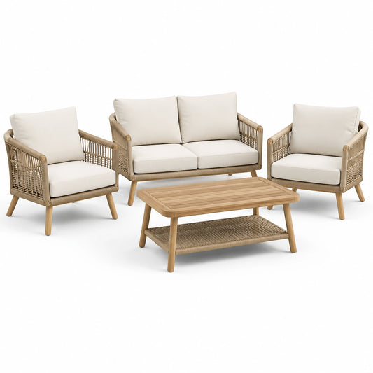 4-teiliges Lounge-Set aus Holz und Seilgeflecht in Natur/Cremeweiß, 2-Sitzer 132 x 72 x 78 cm, Sessel 76 x 72 x 78 cm, Tisch 110 x 60 x 45 cm