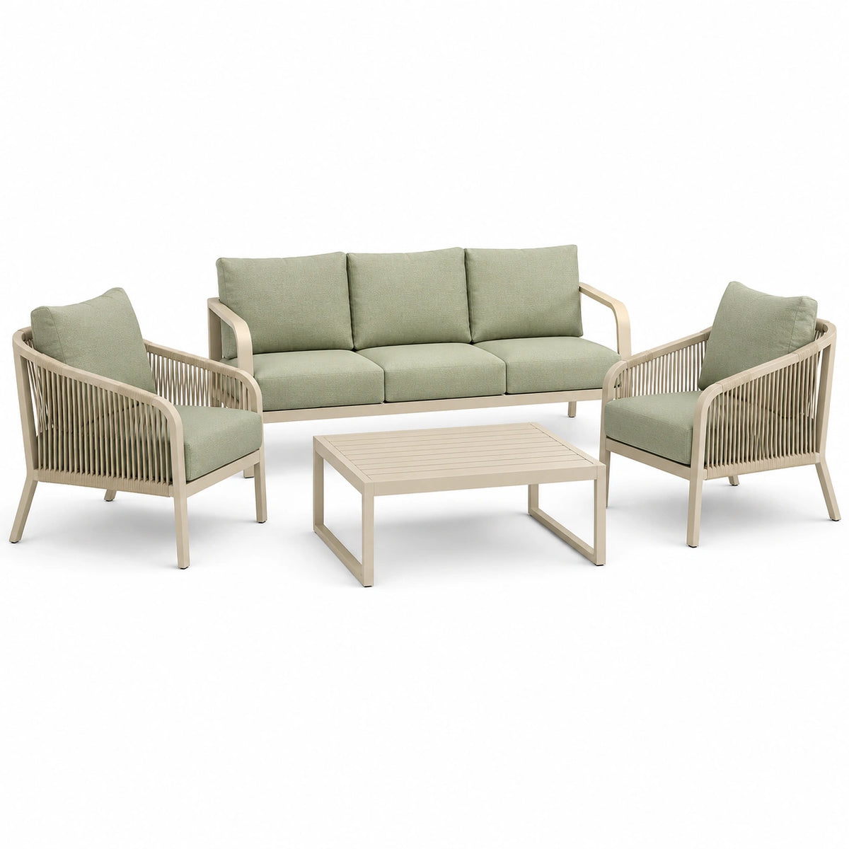 4-teiliges Garten-Loungeset Grün/Beige mit Seilbespannung – 3-Sitzer 200 × 75 × 75 cm, 2 Einzelsitze 75 × 75 × 75 cm, Tisch 110 × 60 × 42 cm
