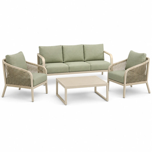 4-teiliges Garten-Loungeset Grün/Beige mit Seilbespannung – 3-Sitzer 200 × 75 × 75 cm, 2 Einzelsitze 75 × 75 × 75 cm, Tisch 110 × 60 × 42 cm