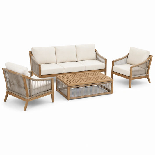 4-teiliges Gartenlounge-Set aus Naturholz und Seilgeflecht mit cremefarbenen Polstern, 3-Sitzer 180 × 75 × 78 cm