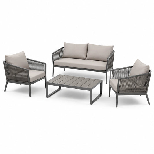 4-teiliges Aluminium-Set mit Seilgeflecht in Dunkelgrau und Beige, Zweisitzer 120×65×75 cm, Sessel 70×65×75 cm, Tisch 100×60×42 cm