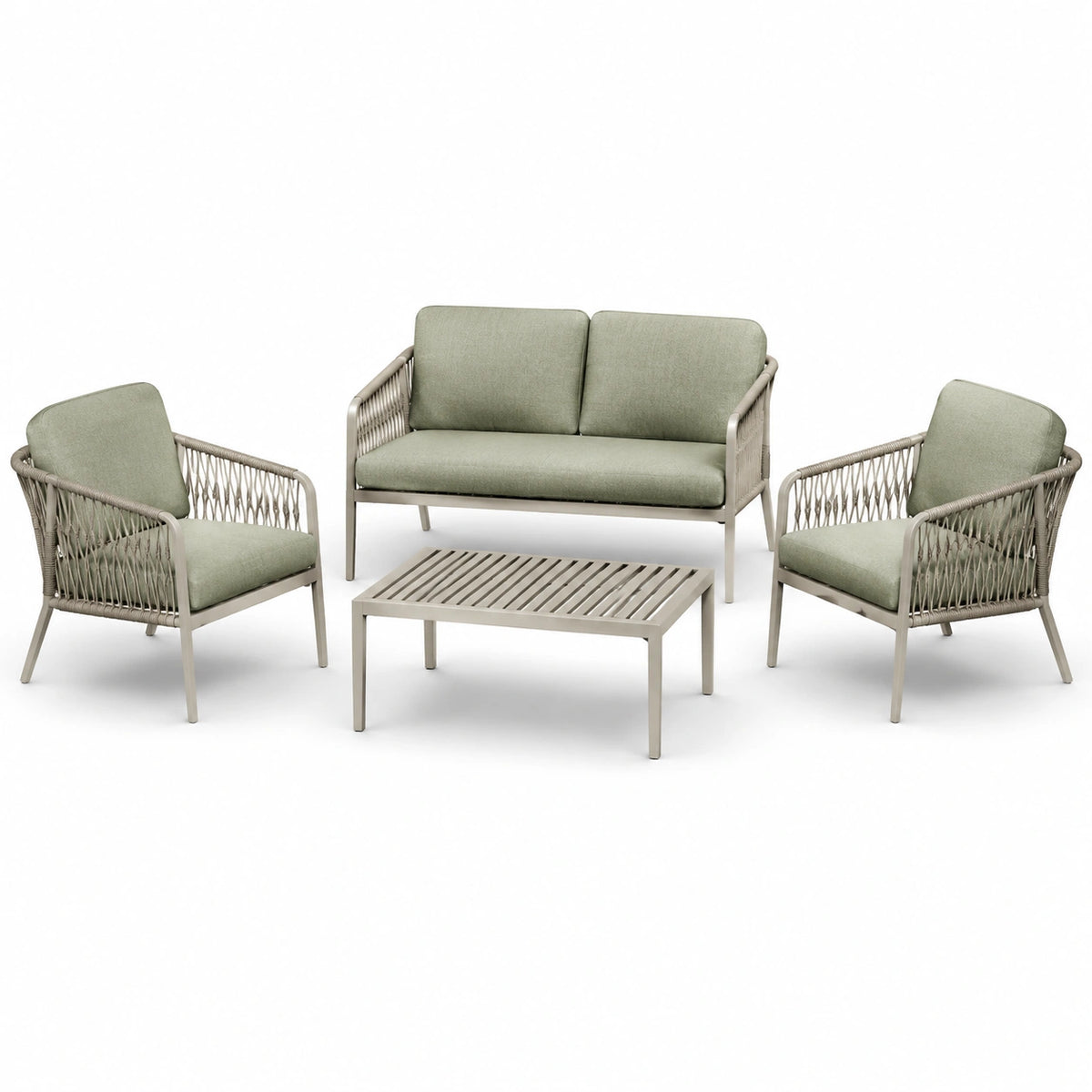 4-teiliges Gartenmöbel-Set aus Aluminium und Seilgeflecht, Grün/Grau – Zweisitzer 130×70×78 cm, Sessel 68×70×78 cm, Tisch 90×60×42 cm
