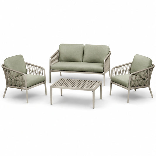 4-teiliges Gartenmöbel-Set aus Aluminium und Seilgeflecht, Grün/Grau – Zweisitzer 130×70×78 cm, Sessel 68×70×78 cm, Tisch 90×60×42 cm