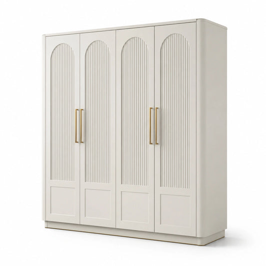 Kleiderschrank 200 × 60 × 200 cm in Creme mit goldfarbenen Griffen, 4 Türen und geriffelter Front