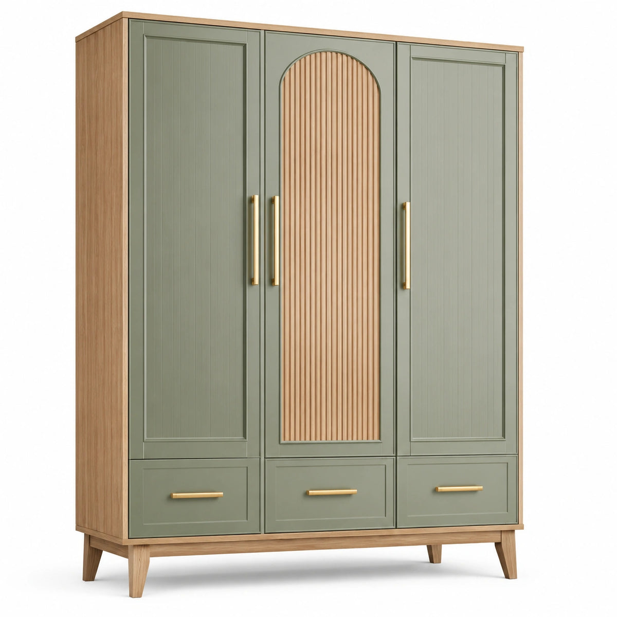 Kleiderschrank 150 × 55 × 200 cm in Grün/Natur/Gold mit 3 Türen und 3 Schubladen