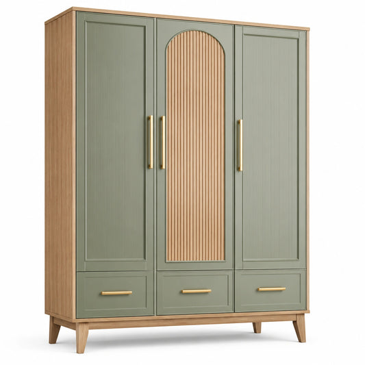Kleiderschrank 150 × 55 × 200 cm in Grün/Natur/Gold mit 3 Türen und 3 Schubladen