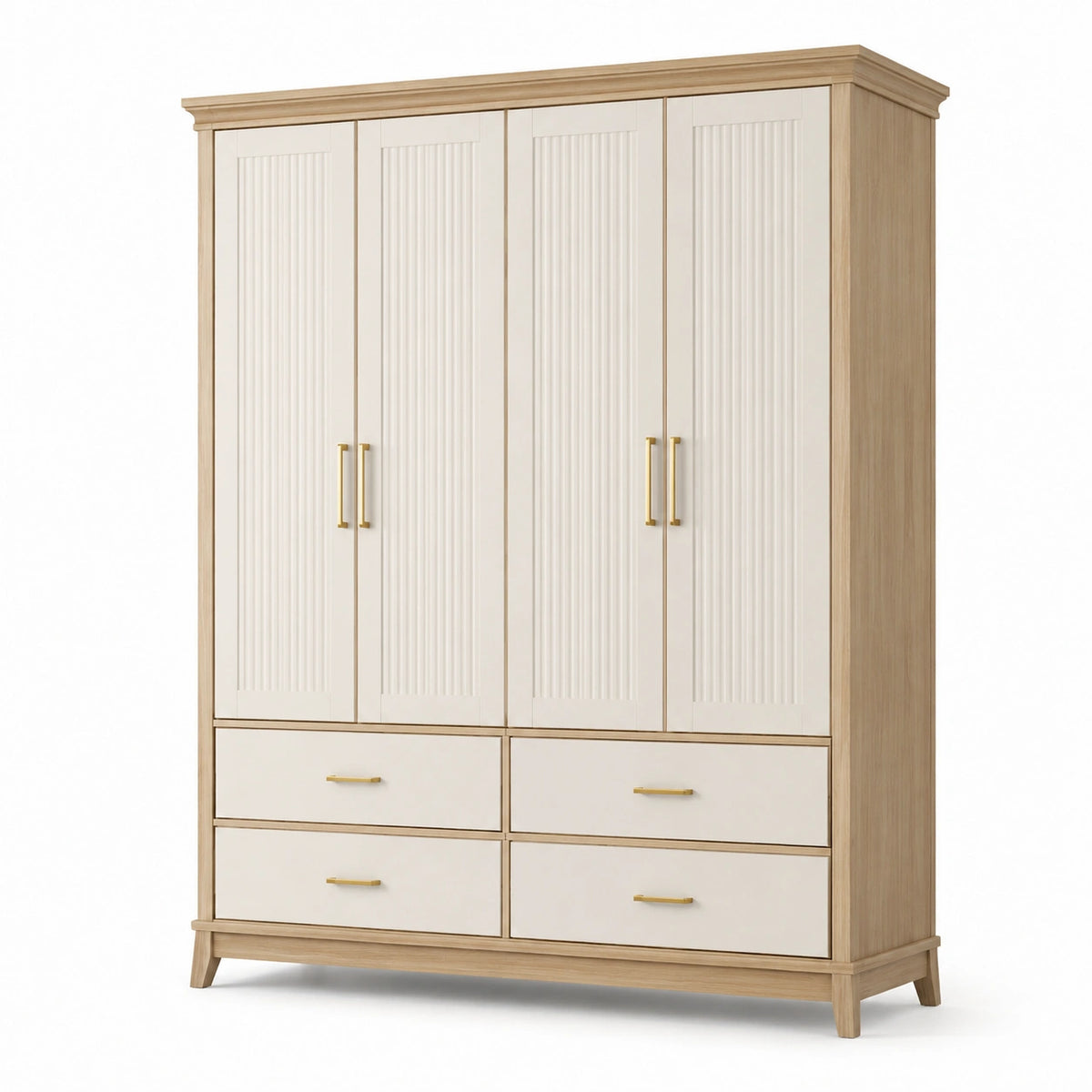 4-türiger Kleiderschrank 180 x 55 x 210 cm in Beige, Weiß und Gold mit 4 Schubladen