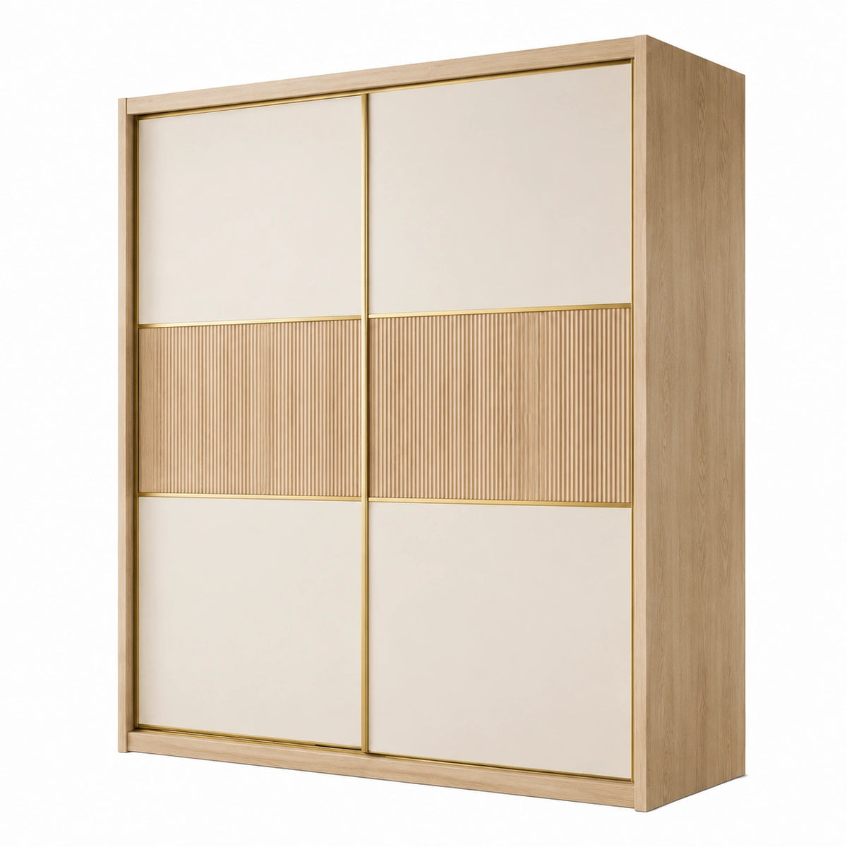 Kleiderschrank 180 × 60 × 220 cm in Beige/Eiche mit 2 Schiebetüren und Lamellenoptik