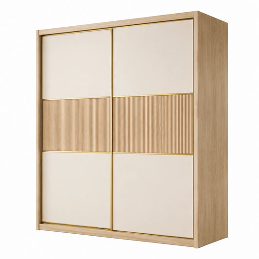 Kleiderschrank 180 × 60 × 220 cm in Beige/Eiche mit 2 Schiebetüren und Lamellenoptik