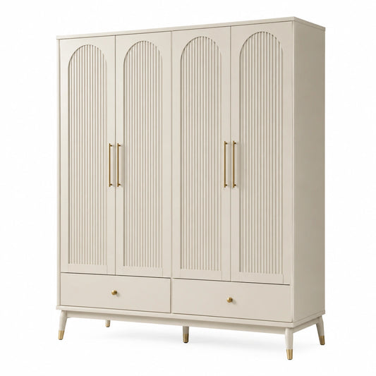 Kleiderschrank Beige mit goldfarbenen Griffen, 4 Türen, 2 Schubladen, 160 x 55 x 200 cm