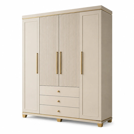 Kleiderschrank, 160 x 55 x 200 cm, Beige mit goldfarbenen Akzenten, 4 Türen und 3 Schubladen