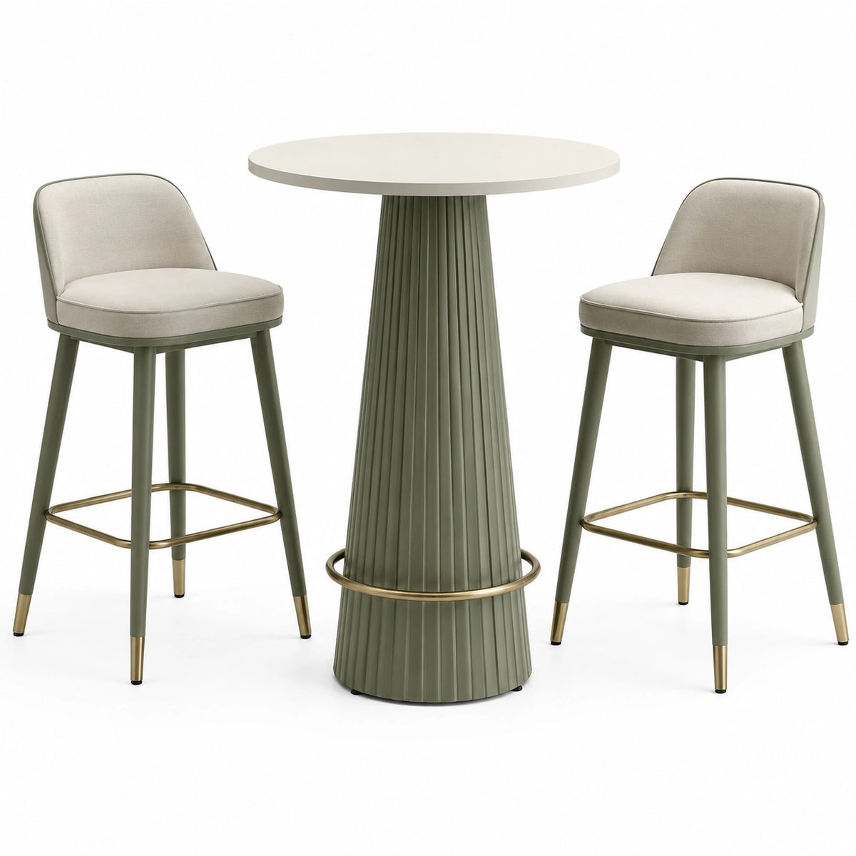 3-teiliges Bartisch-Set mit 2 gepolsterten Barhockern, Ø 90 × 105 cm, Hocker 45 × 52 × 100 cm, Grün/Beige/Weiß/Gold