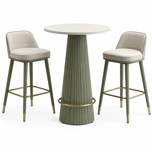3-teiliges Bartisch-Set mit 2 gepolsterten Barhockern, Ø 90 × 105 cm, Hocker 45 × 52 × 100 cm, Grün/Beige/Weiß/Gold