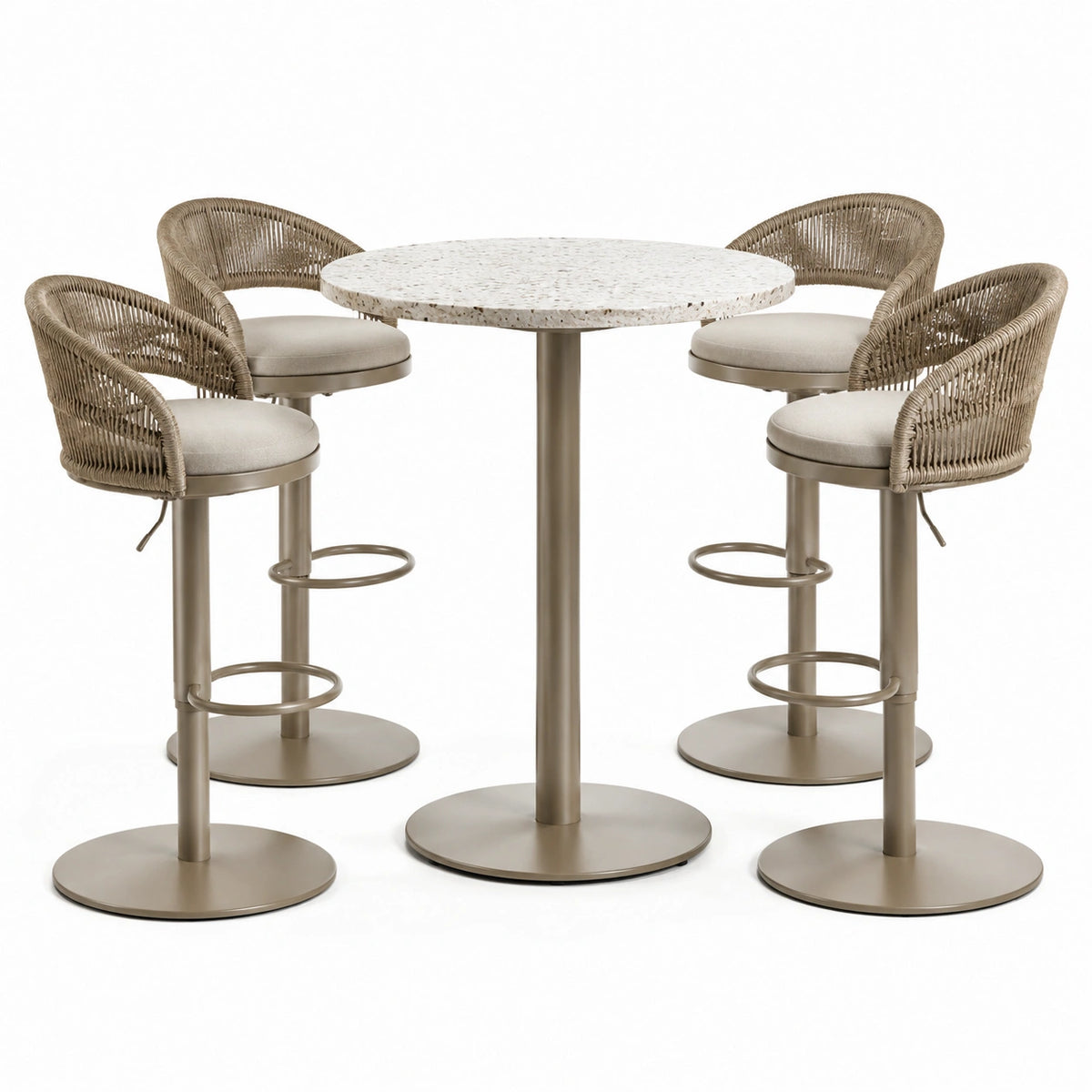 5-teiliges Bar-Esstischset mit 4 Barstühlen, Bartisch Ø 100 × 105 cm, Barstühle je 55 × 55 × 105 cm, Beige/Taupe/Creme/Weiß