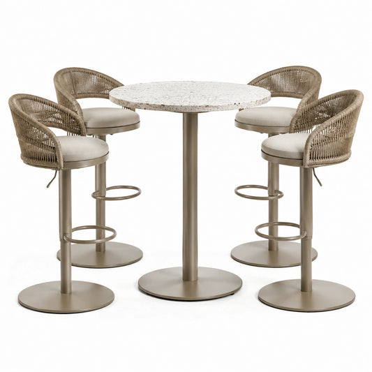 5-teiliges Bar-Esstischset mit 4 Barstühlen, Bartisch Ø 100 × 105 cm, Barstühle je 55 × 55 × 105 cm, Beige/Taupe/Creme/Weiß